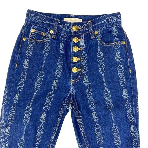 Tory Burch Jeans Womens 24 Blue Gemini Link Bloom Jacquard Rockabilly Denim Pant - Picture 3 of 16